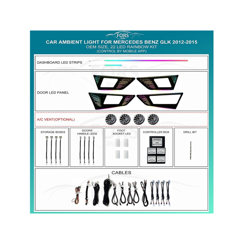 Ambient interior lighting FORS.auto for Mercedes-Benz GLK 2008-2011 (Rainbow Kit)-22 LEDs