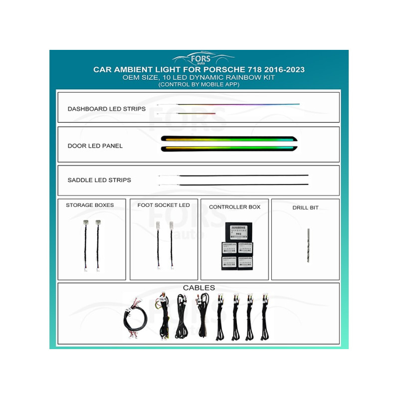 Ambient interior lighting FORS.auto for Porsche 718 2016-2023 (Dynamic Rainbow Kit)-10 LED