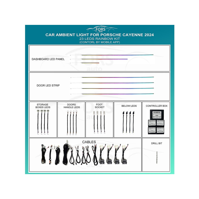 Ambient interior lighting FORS.auto for Porsche Cayenne 2024 (Rainbow Kit)-23 LEDs