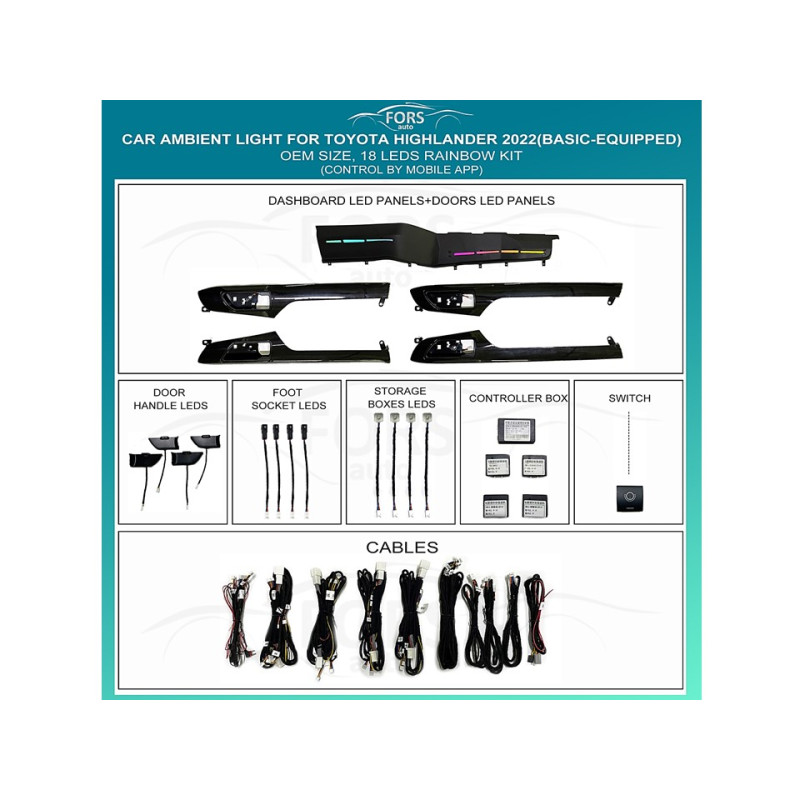 Ambient interior lighting FORS.auto for Toyota Highlander 2022 (Basic-Equipped)-18 LEDs