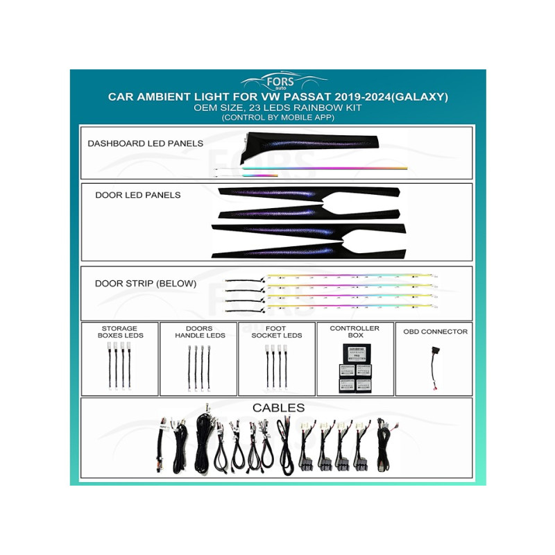 Ambient interior lighting FORS.auto for Volkswagen Passat 2019-2024 (Galaxy)-23 LEDs